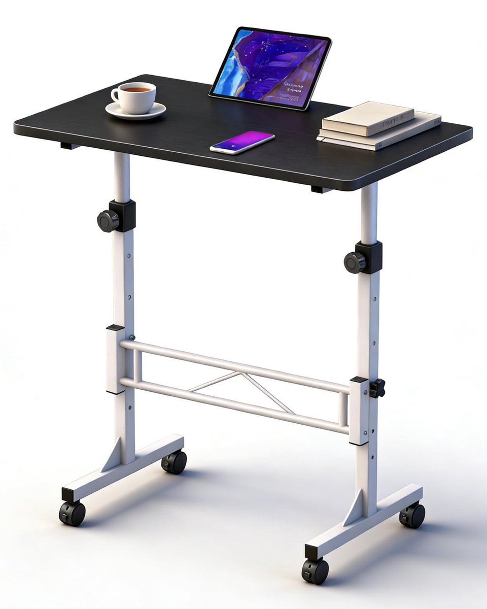 Omgoods - Height Adjustable Bureau met Wielen, Mobiele Computer Bureau, Zwart en Wit - In hoogte verstelbaar voor Thuis of Kantoor