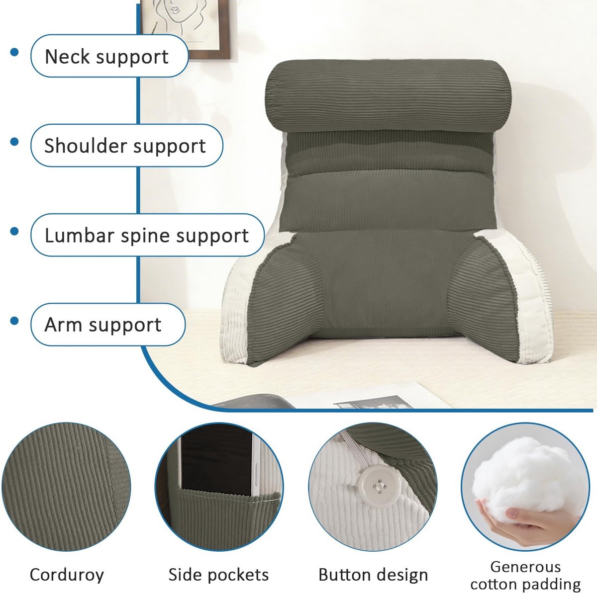 Omgoods - Leeskussen voor Bed en Bank - Comfortabel Kussen met Rugleuning en Armsteunen