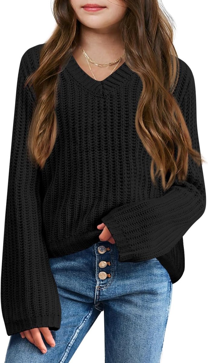Meisjestrui met V-hals, lichte gebreide trui, basic, effen, lange mouwen, gebreide trui, wintershirt, bovenstuk