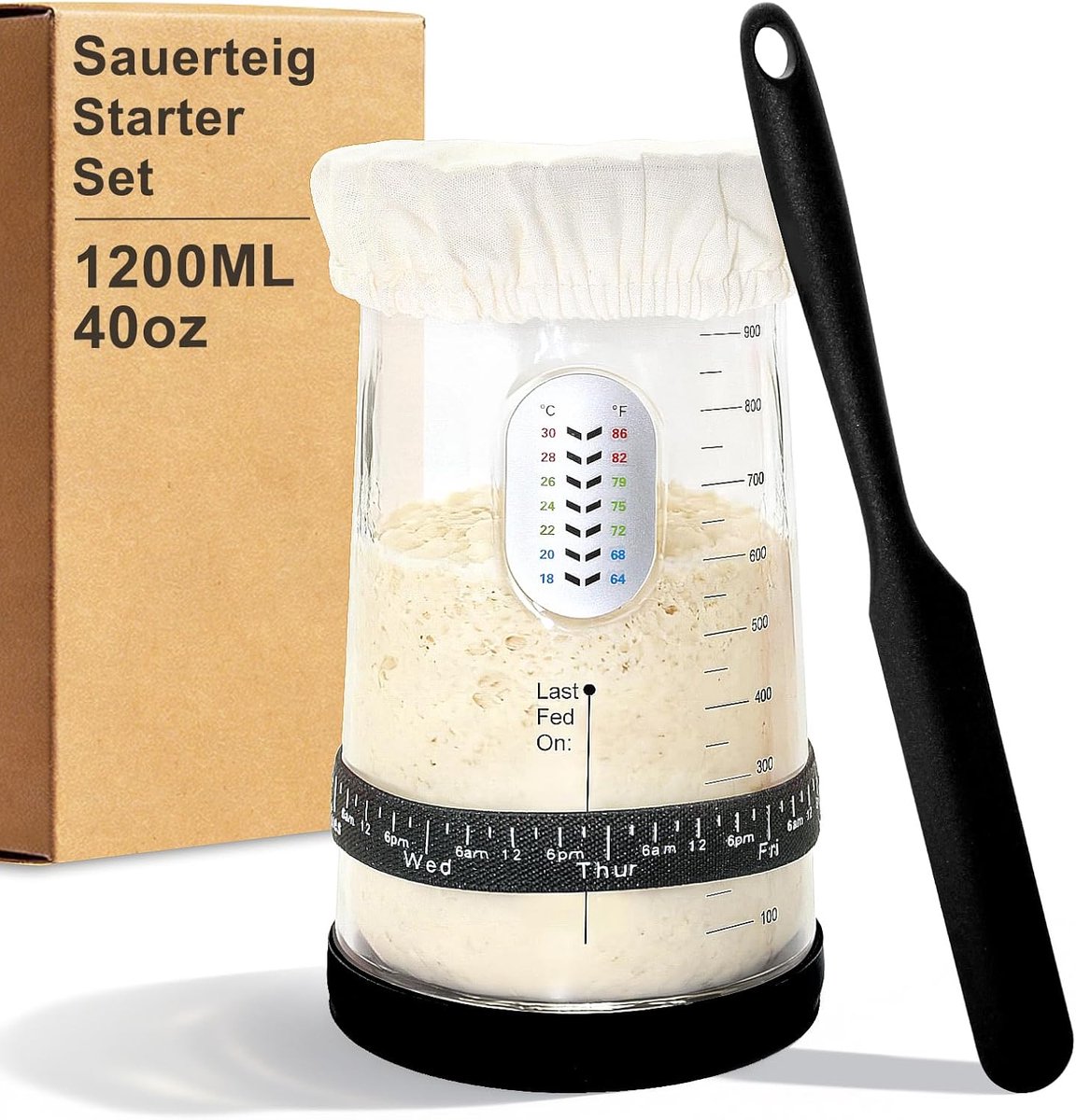 starterset, 1,2 l groot zuurdeegglas met siliconen spatel, reinigingsborstel, broodbakaccessoires, fermenteerglas voor beginners en thuis bakken, zwart, 1200 ml uitgerust