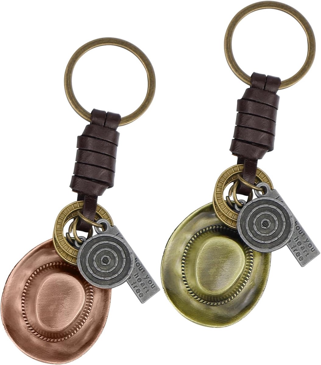 Cowboyhoed, 2 stuks, rundleer, cowboyhoed, doppen, sleutelhanger, retro ijzeren sleutelhouder, voor auto, handtas, sleutels (roodbrons + goudbrons), Brons, antiek goud, 11.5