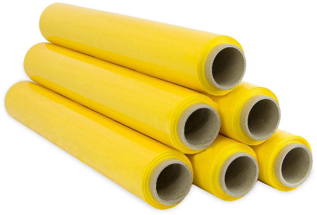 Verpakkingsfolie, 50 cm breed en rekbaar, tot 300 meter lengte, elastische folie, handmatig voor industriële verpakking (geel, 6)