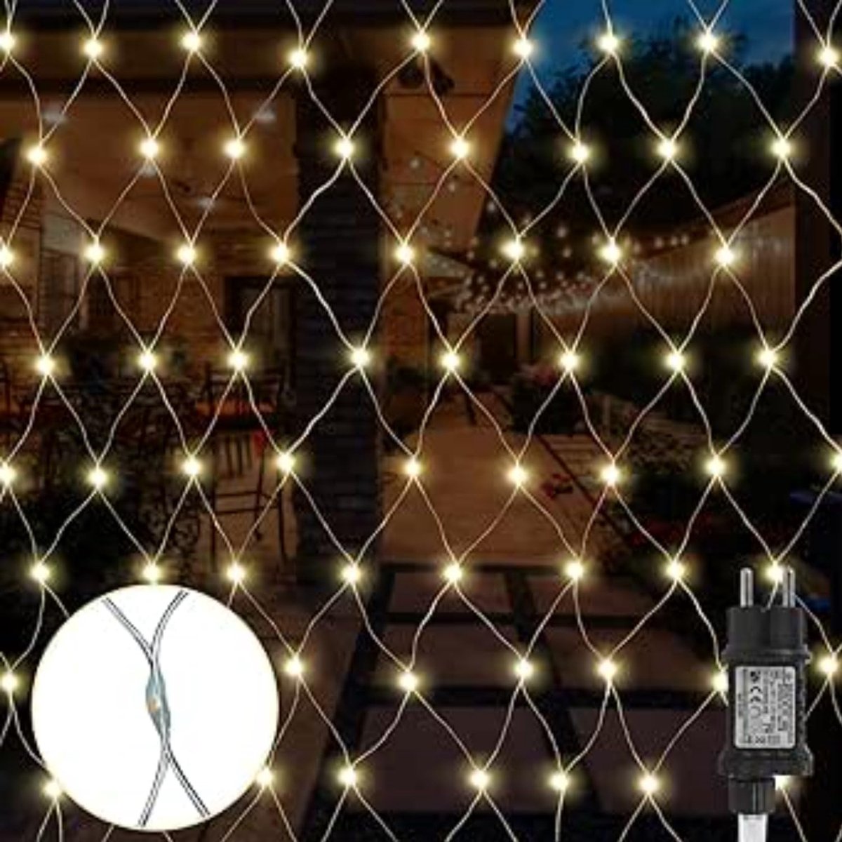 104 leds, 1 m x 1,2 m, lichtnet, lichtgordijn, lichtketting, warmwit, decoratieve verlichting voor binnen en buiten, Kerstmis, bruiloft, met stekker (104 leds, continu licht)