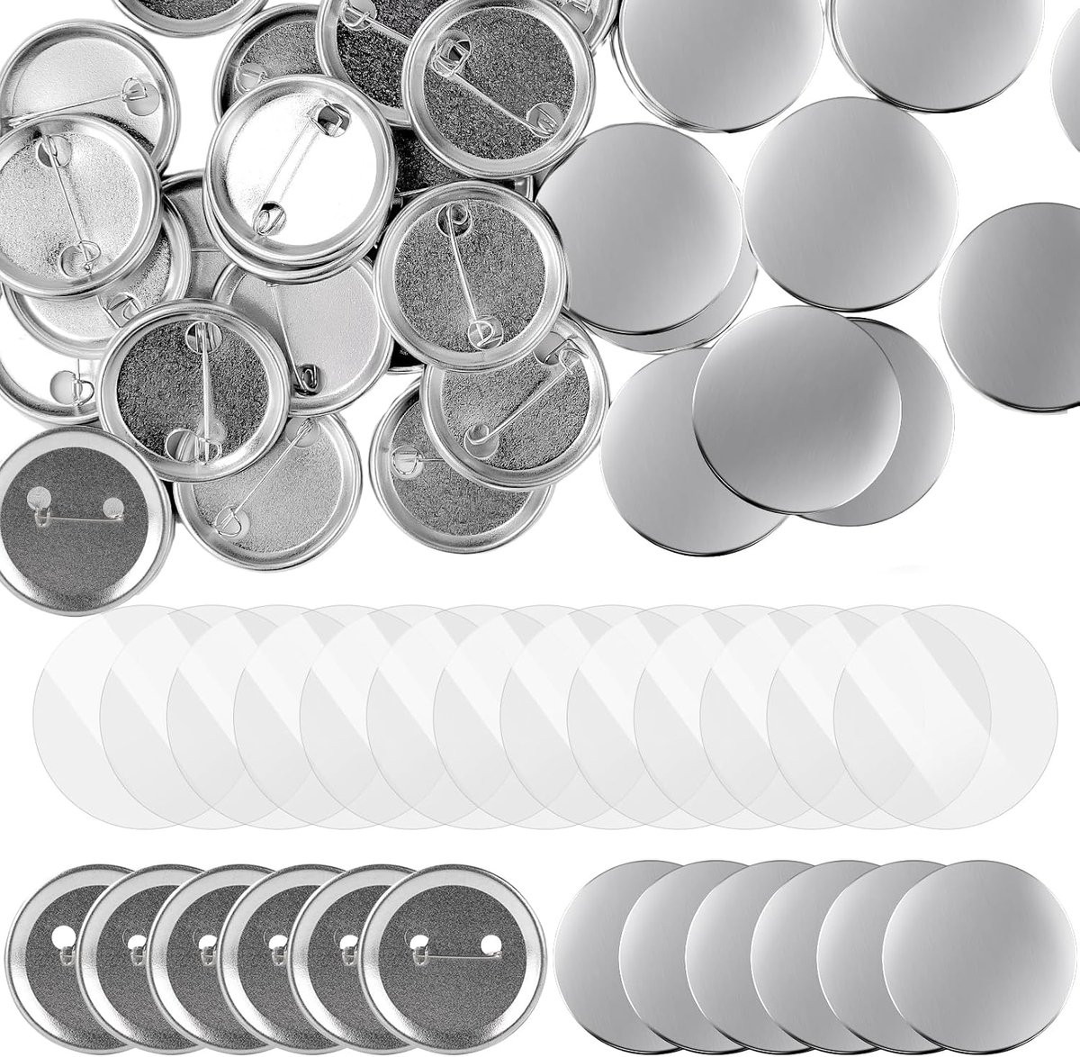 200 sets blanco knop-productie-accessoires, ronde blanke pin buttonspelden, knopdelen, metalen knop, reversspeldenset voor handwerk, geschenken, blik (zilver, 32 mm)