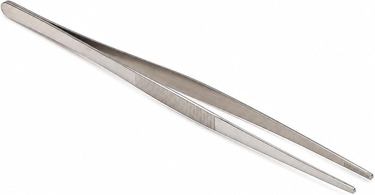 keukenpincet, 30 cm, roestvrij staal, keukentang met geribbelde handgreep, lange serveertang voor koken, braden en garneren, zilver