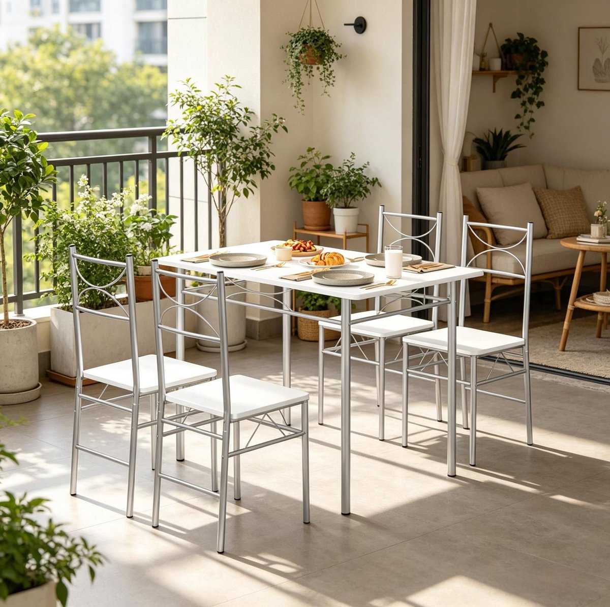 COVREO Set tafel en stoelen 110x70x76 cm wit zilver, MDF metaal voor 4 personen