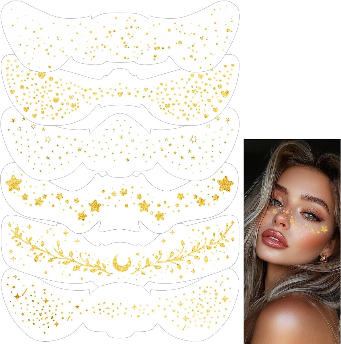 6 Bladen Glitter Freckles | Face Glitter Flekken Patches | Fake Freckles Stempel Tijdelijke Tattoos Face Stickers voor Vrouwen Festival Halloween Sinterklaas Carnaval Parties Make-up (Gold B)
