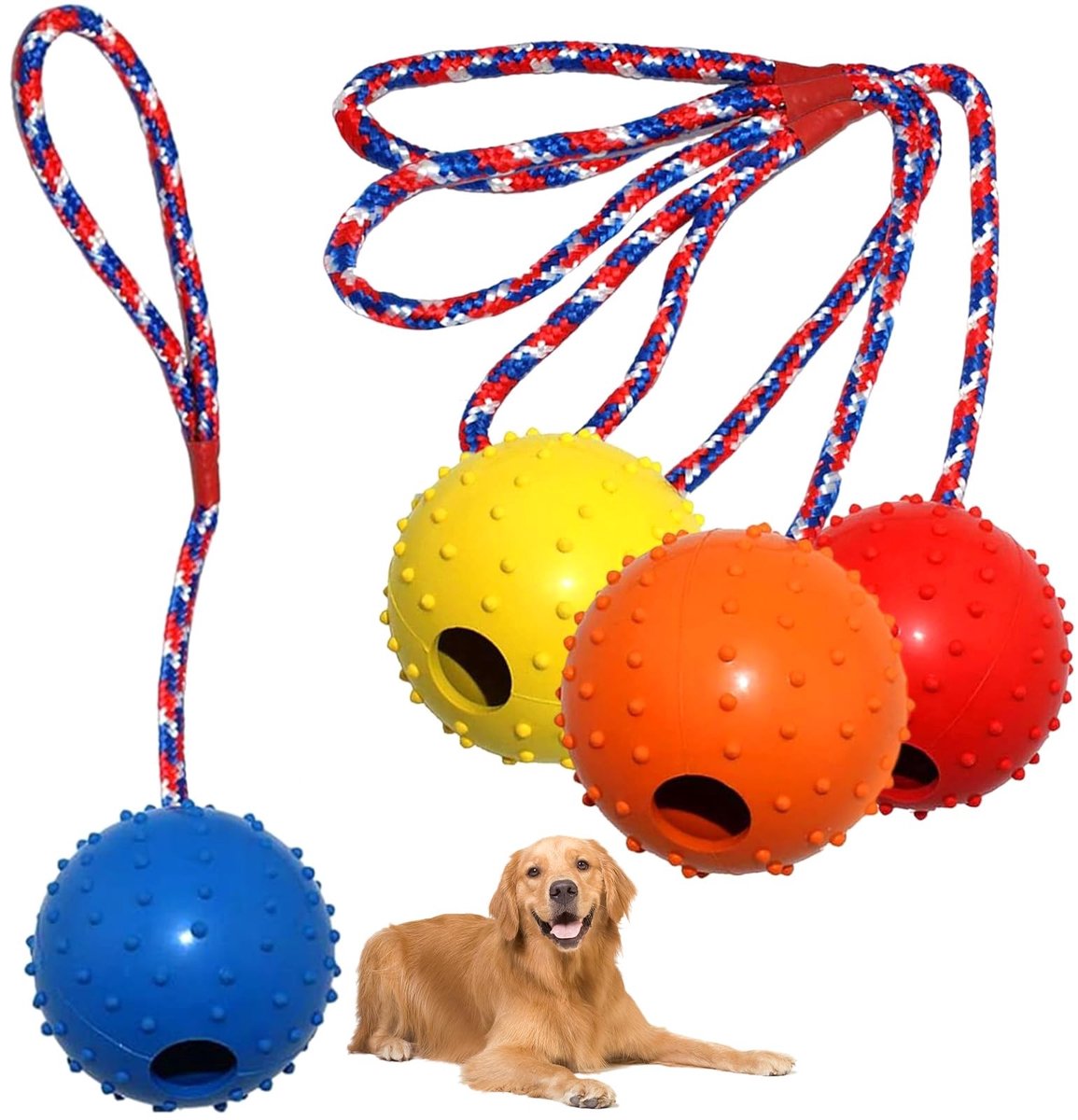 Omgoods - 4 Ballen met Touw voor Honden, Natuurlijk Rubber Speelgoed