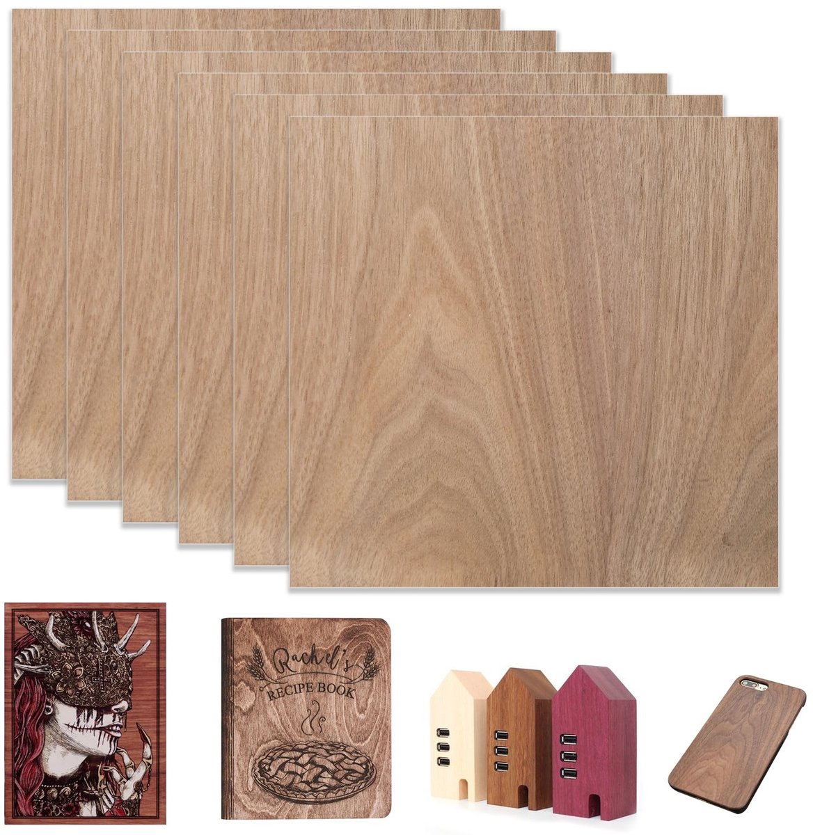 Omgoods - 6 Stuks Walnoot Plywood Panels 300 x 300 x 3 mm - Dunne Houten Platen voor Creatieve Projecten