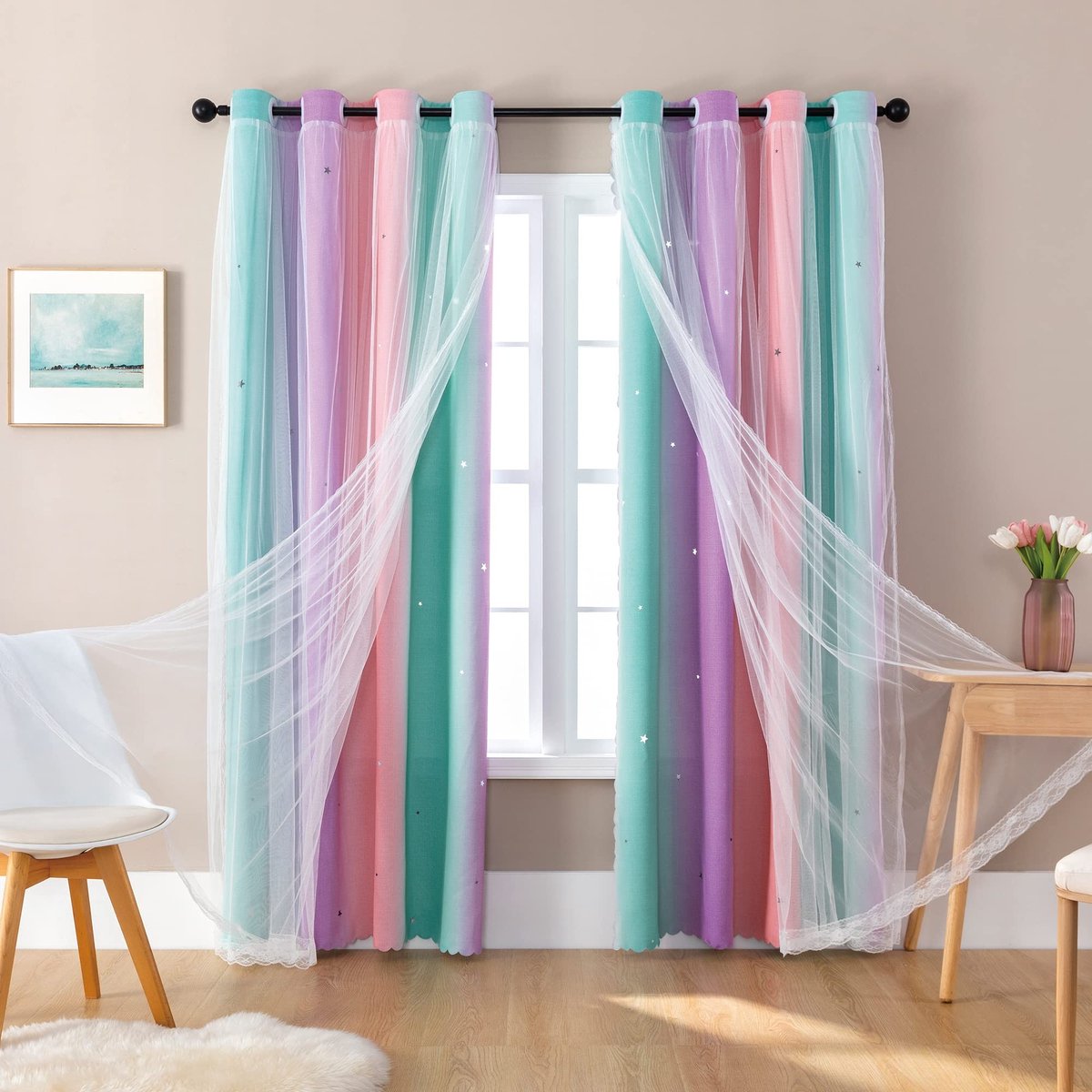 Omgoods - Roze Groene Eenhoorn Gordijnen - 108 Inch Lang