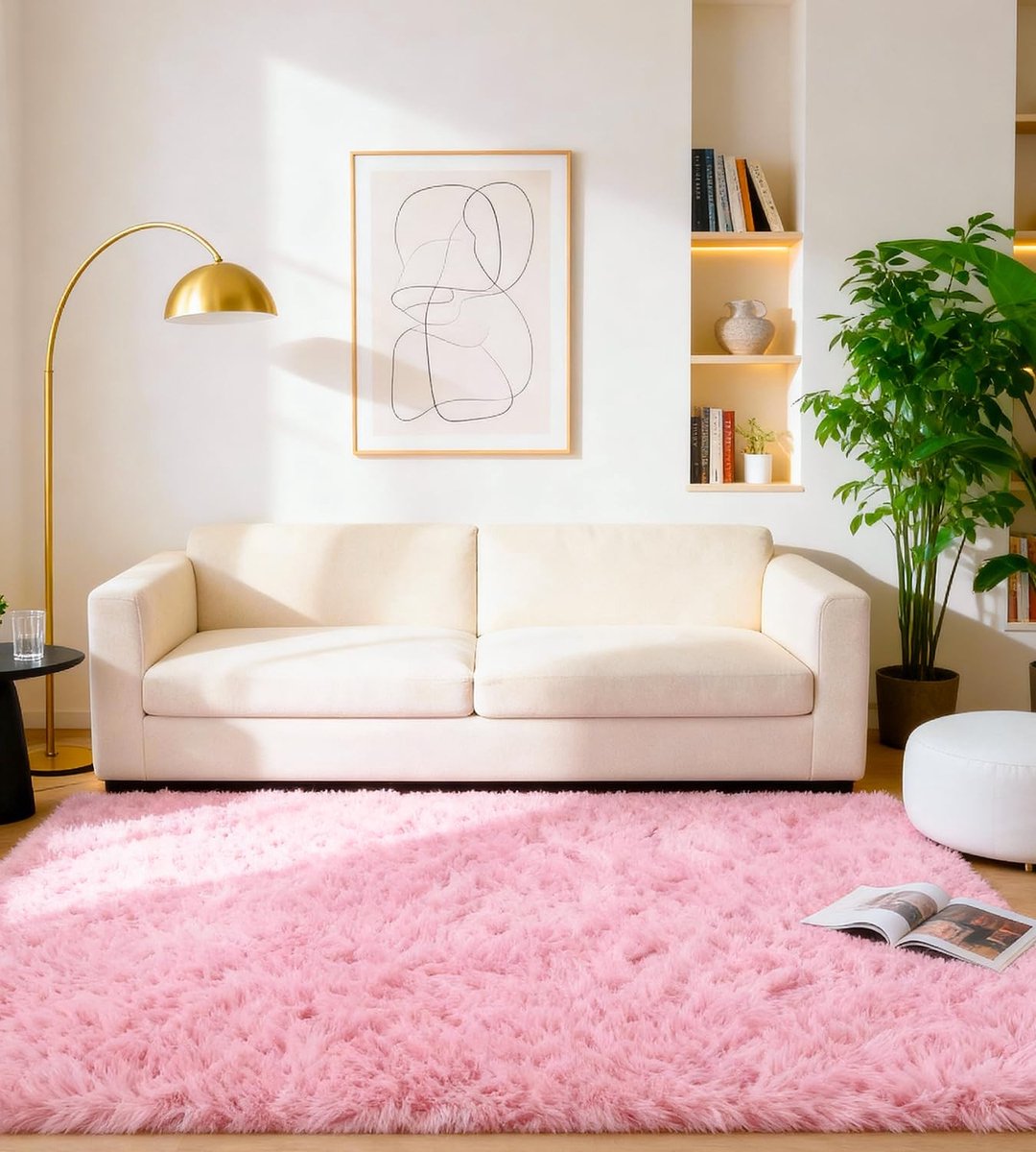 Omgoods - Roze Fluffy Vloerkleed 120 x 160 cm - Hoogpolig en Wasbaar