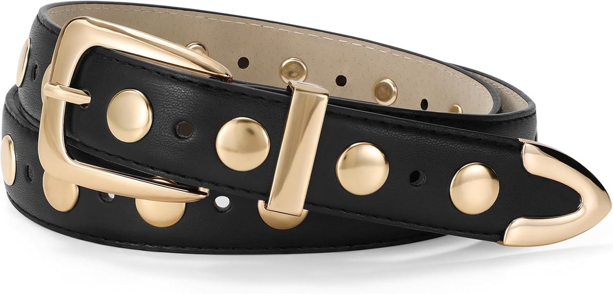 Leren damesriem met gouden gesp, vintage punk rock riem, modieuze klinknagels riem voor jeans en dagelijks gebruik