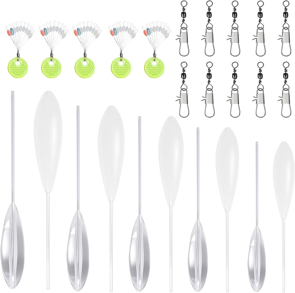 Forelset, 25 stuks, forelhengelaccessoireset, 5 x Spirolino zinkend 5 x Sbirolino drijvend (6 g, 8 g, 10 g, 12 g, 15 g), met 10 drievoudige wervels en 5 lijnstoppers voor vissen