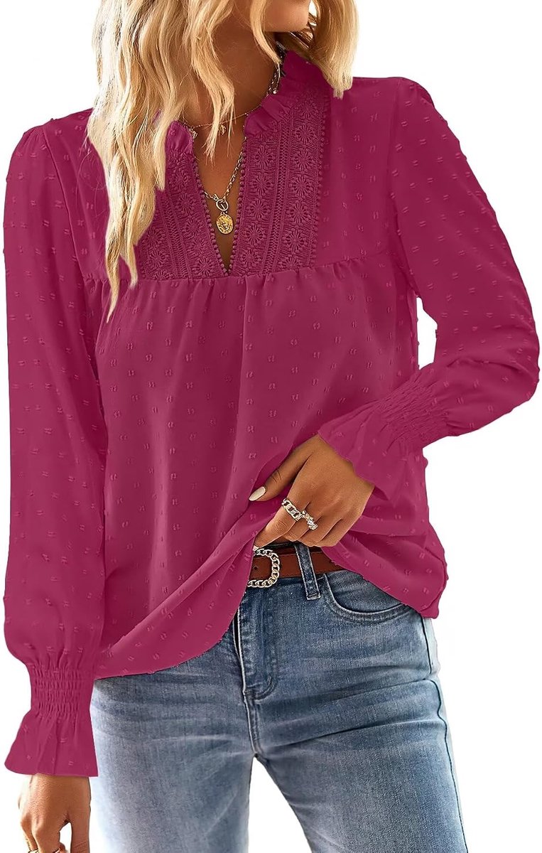 Lange Mouwen Dames Herfst Boho Top Vloeiend Elegant V-hals T-shirt Schattig Casual Outfits Lente Winter Longshirt Kant Kleding Bies Volant