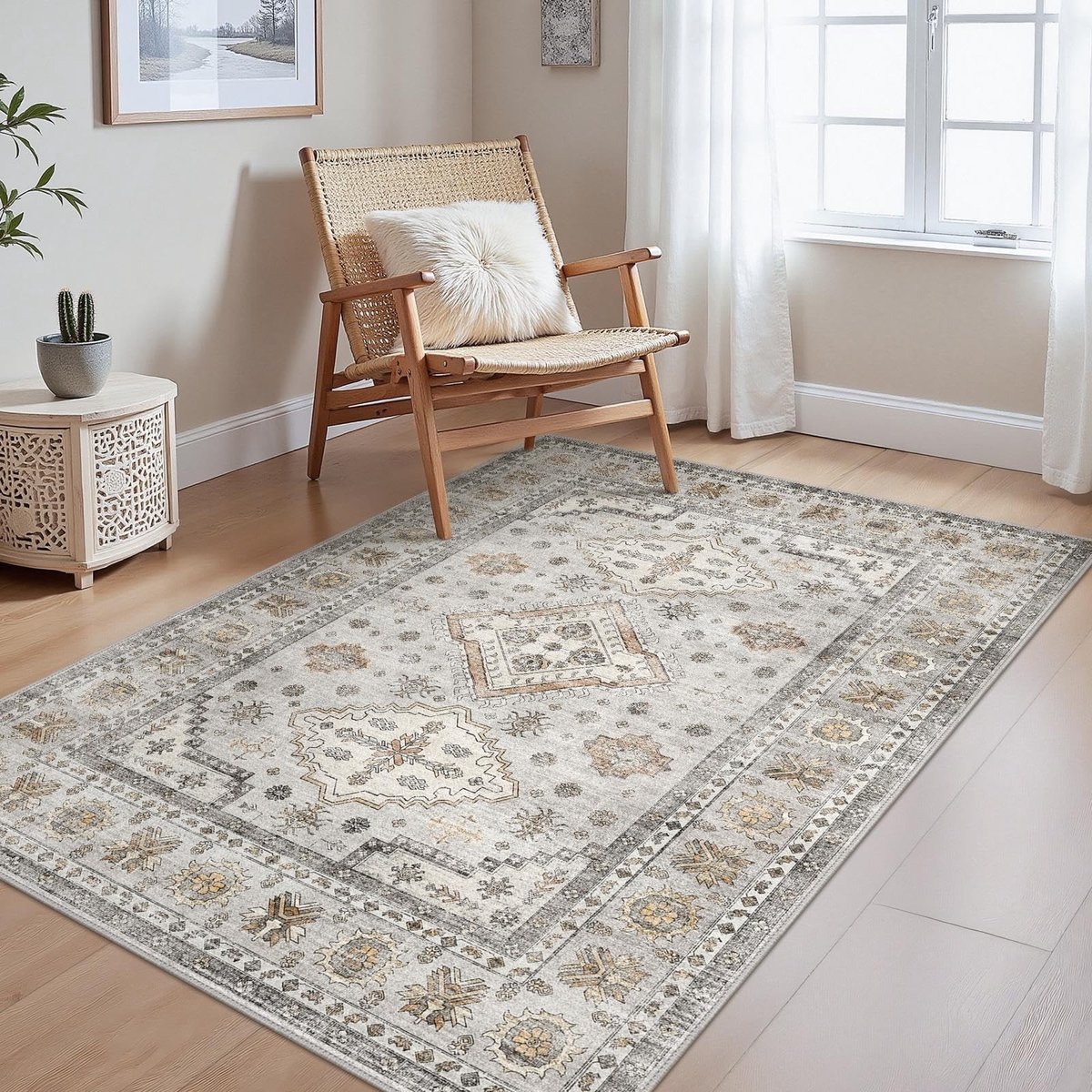 Omgoods - Vintage Vloerkleed - Wasbare Antislip Mat 120x170 cm Soft Beige