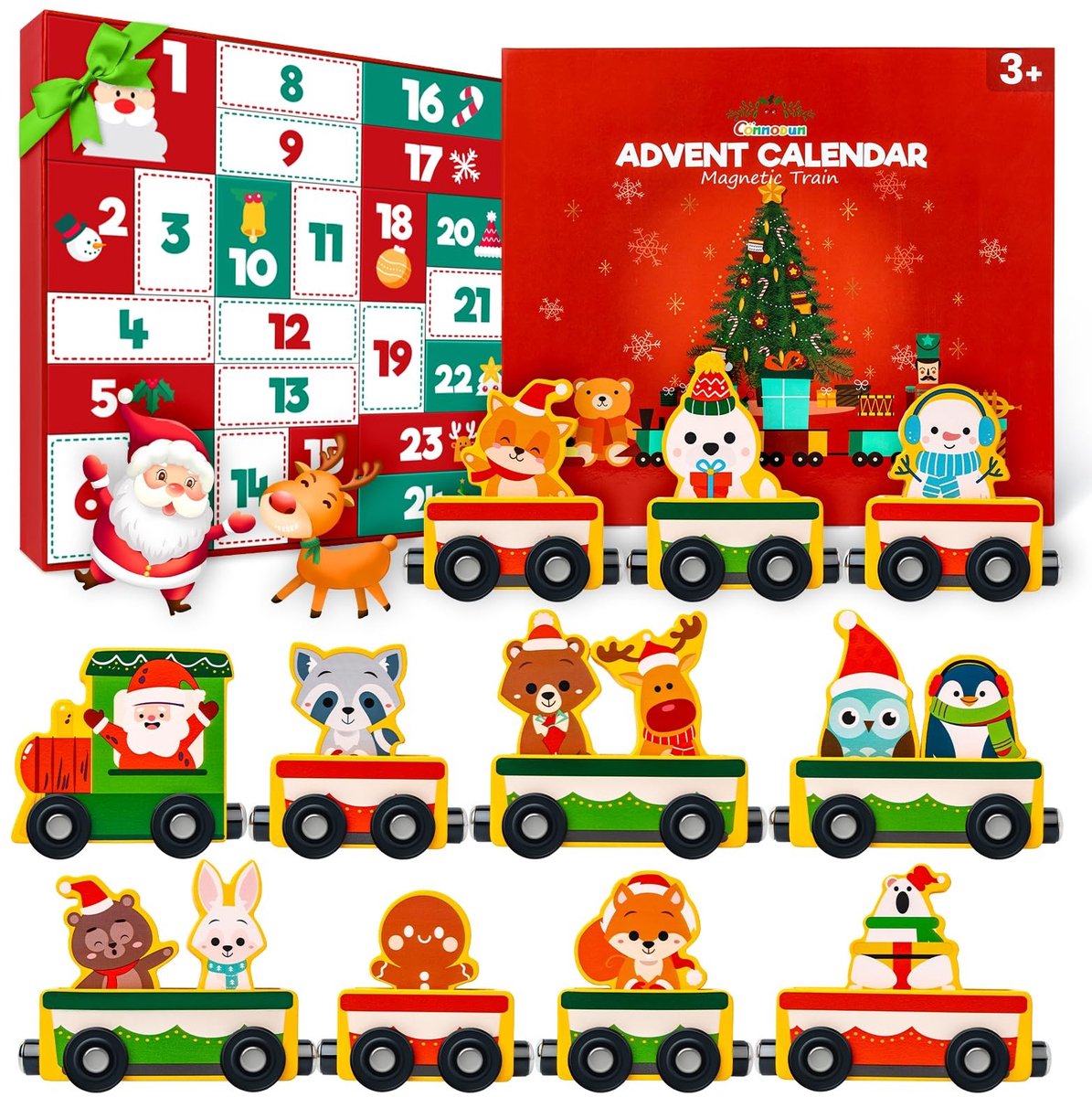Omgoods - Adventskalender 2025 voor Kinderen - Houten Treinset met Dieren voor Kerstmis