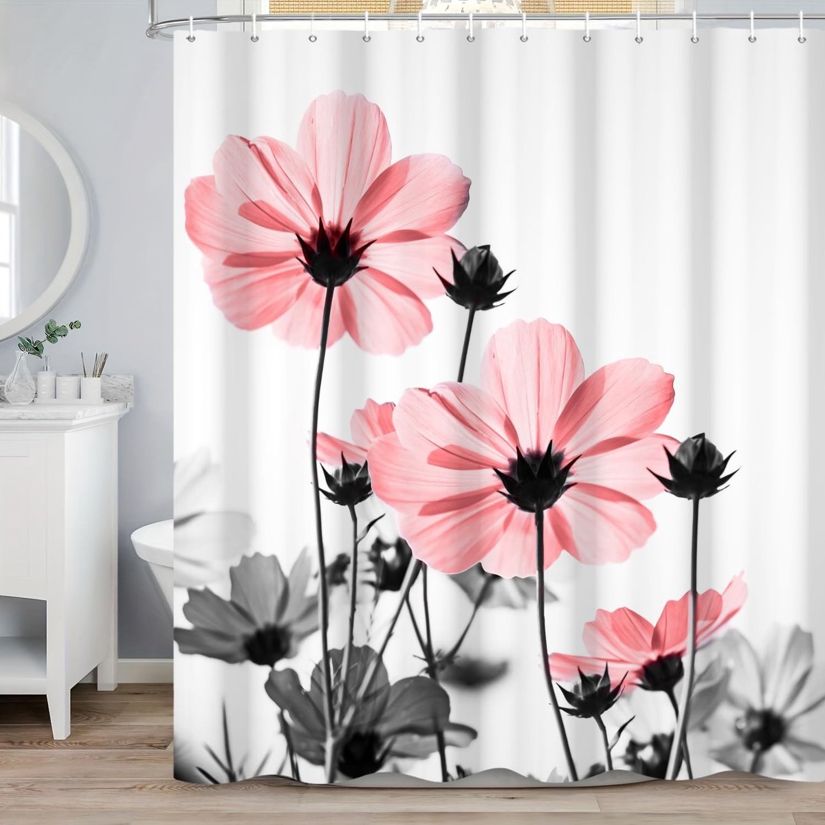 Omgoods - Douchgordijn met Roze Bloemen 180x200 cm