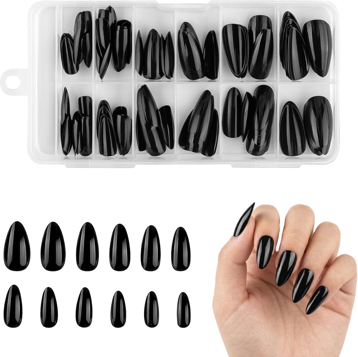 120 Stuks Amandelvorm Druk-nagels | Glanzend Acryl Volledige Dekking Zwart voor Vrouwen en Meisjes Manicure voor Dagelijks Feest Halloween Cosplay (Zwart)