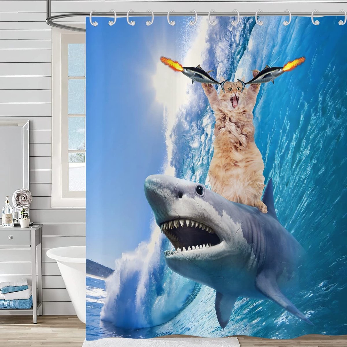 Omgoods - Grappig Douchegordijn met Kat en Haai 180x180cm