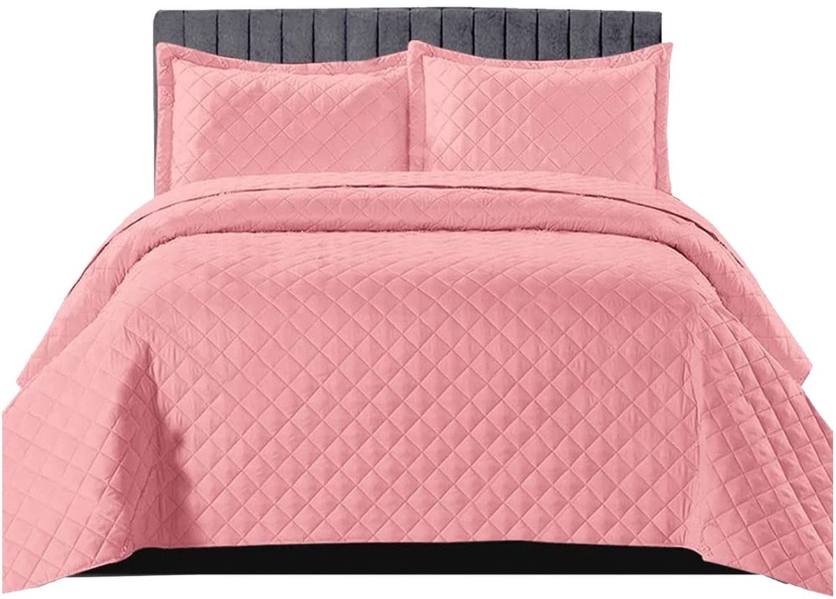 Omgoods - Luxe Gevoerde Bedsprei met Kussens - Modern Design Lichtgewicht Dekbedovertrek Set (Eenpersoons, Roze)
