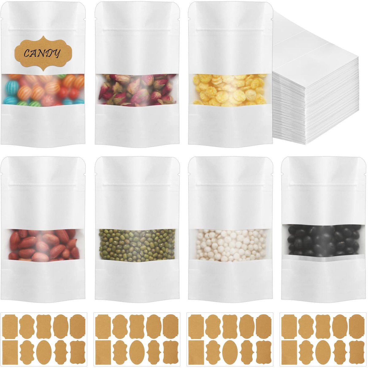 Omgoods - 100 Stuks Kraft Papieren Zakjes met Venster en Stickers