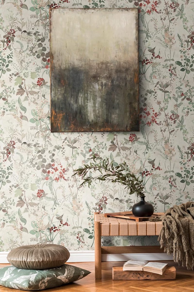 Behang met bloemen en bessen in wit, groen, rood, beige – bloemenbehang in landelijke stijl 10,05 m x 0,53 m – 388252