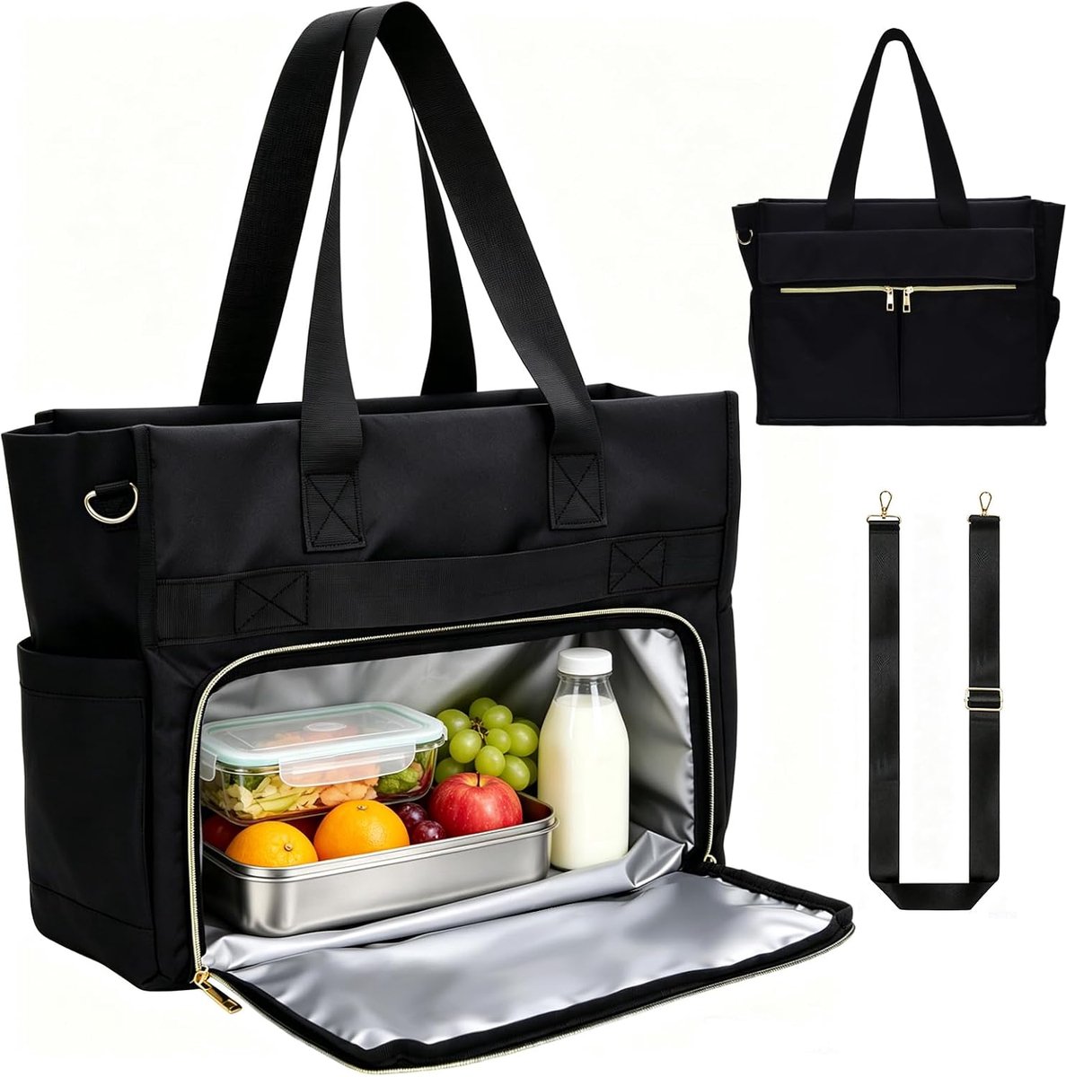Lunchtas voor dames met koelvak, geïsoleerde werktas voor werk en reizen, 3-in-1 handtas, lunchtas met 3 draagriemen, grote tas voor levensmiddelen en dranken (zwart)