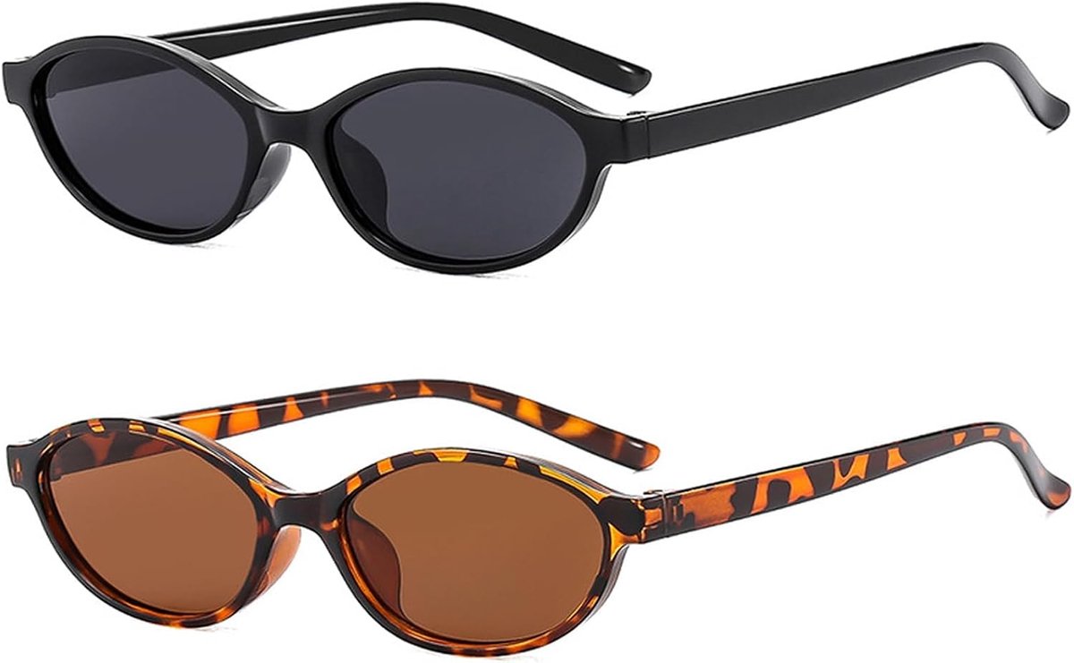 2 stuks retro ovale zonnebril, kleine kattenogen zonnebril jaren 90 vintage trendy skinny zonnebrillen modieus smal voor dames en heren, reisgeschenken (luipaardpatroon + zwart)