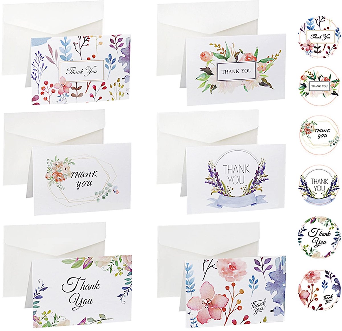 Omgoods- Bedankkaarten 48 Stuks - Wenskaarten Set - Blanco Kaartjes - Enveloppen met Stickers - Verschillende Ontwerpen - 11 cm x 7 cm
