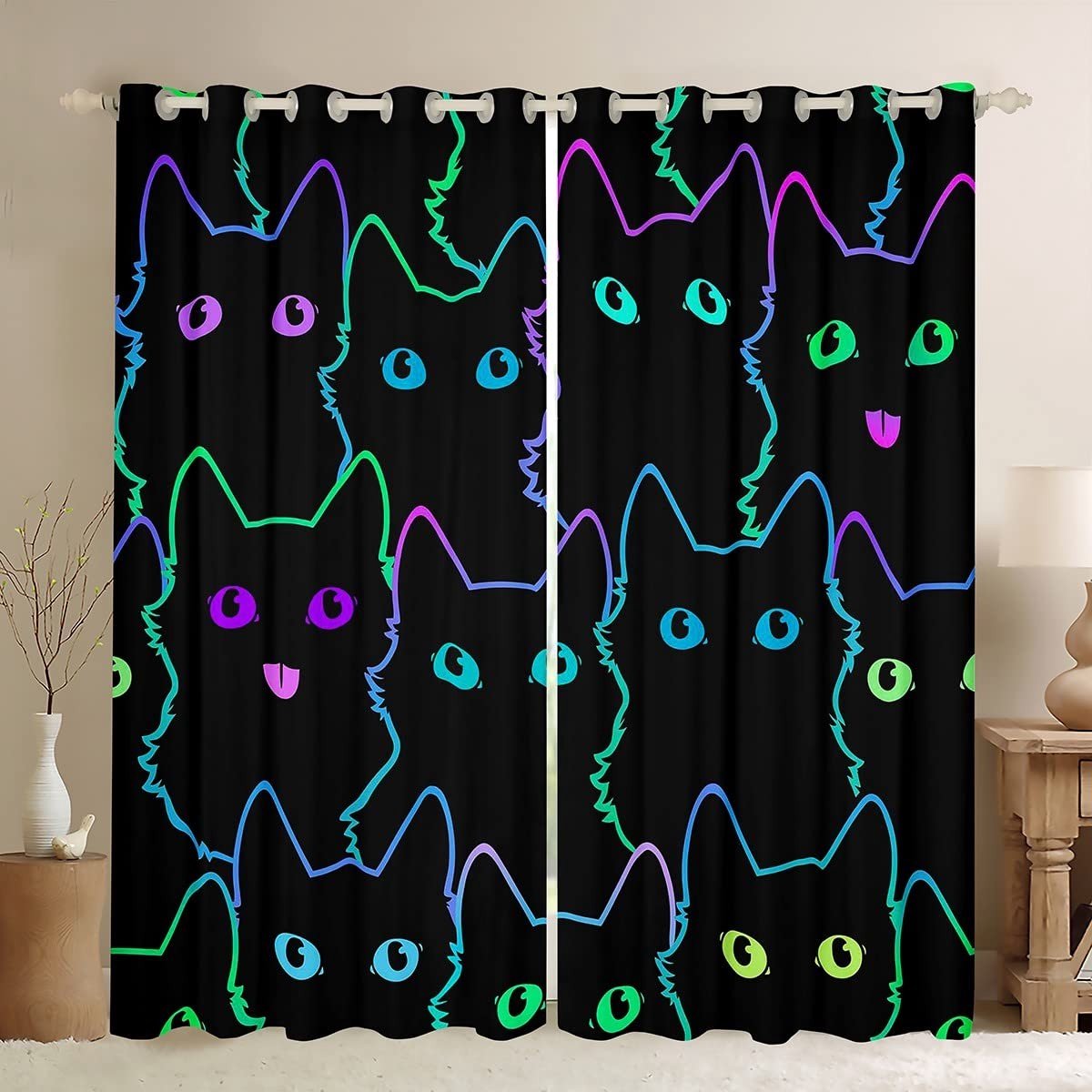 Omgoods - Cartoon Kat Gordijn voor Kinderen - Zachte Blackout Gordijnen met 3D Dierenprint