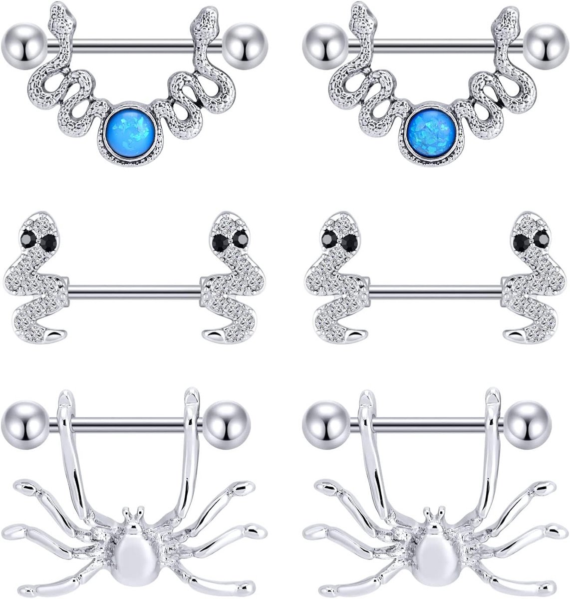 14G tepelpiercing, tepelpiercing, 316L roestvrij staal, barbells, piercing, sieraad voor vrouwen, slangen/vlinder/spin, Zirkonia