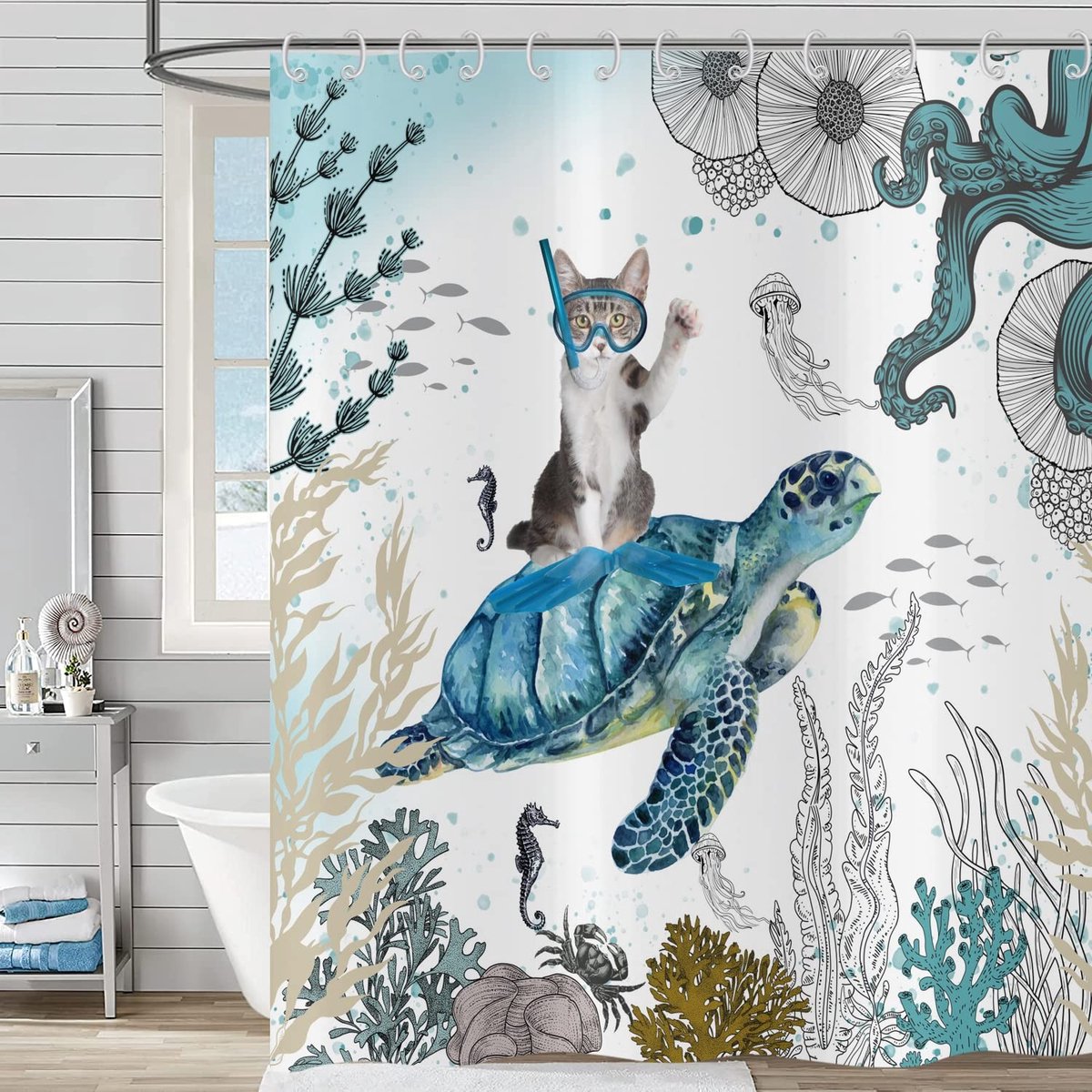 Omgoods - Schattig Kat en Schildpad Douchegordijn 180 x 180 cm