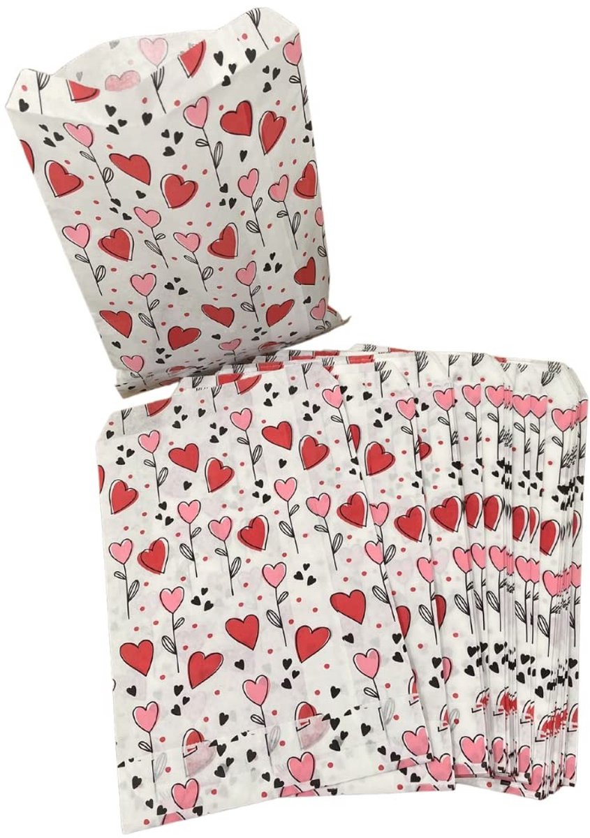 Omgoods - Cadeautassen met Hartjes - Wit met Rode en Roze Hartjes, 50 Stuks