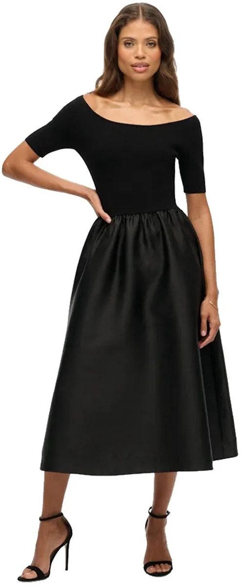 Superdry Lbd Woven Mix Midi-jurk Met Korte Mouwen L Vrouw Zwart