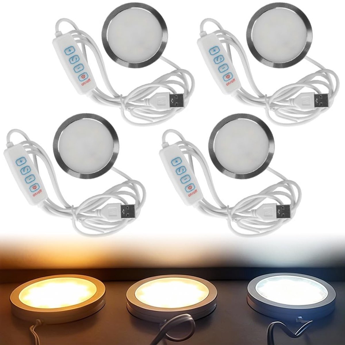 Set van 4 LED-lampen in Drie Kleuren voor 3D Printen, DIY Projecten en Modelbouw met 5V USB Voeding en 3000K Warm Licht