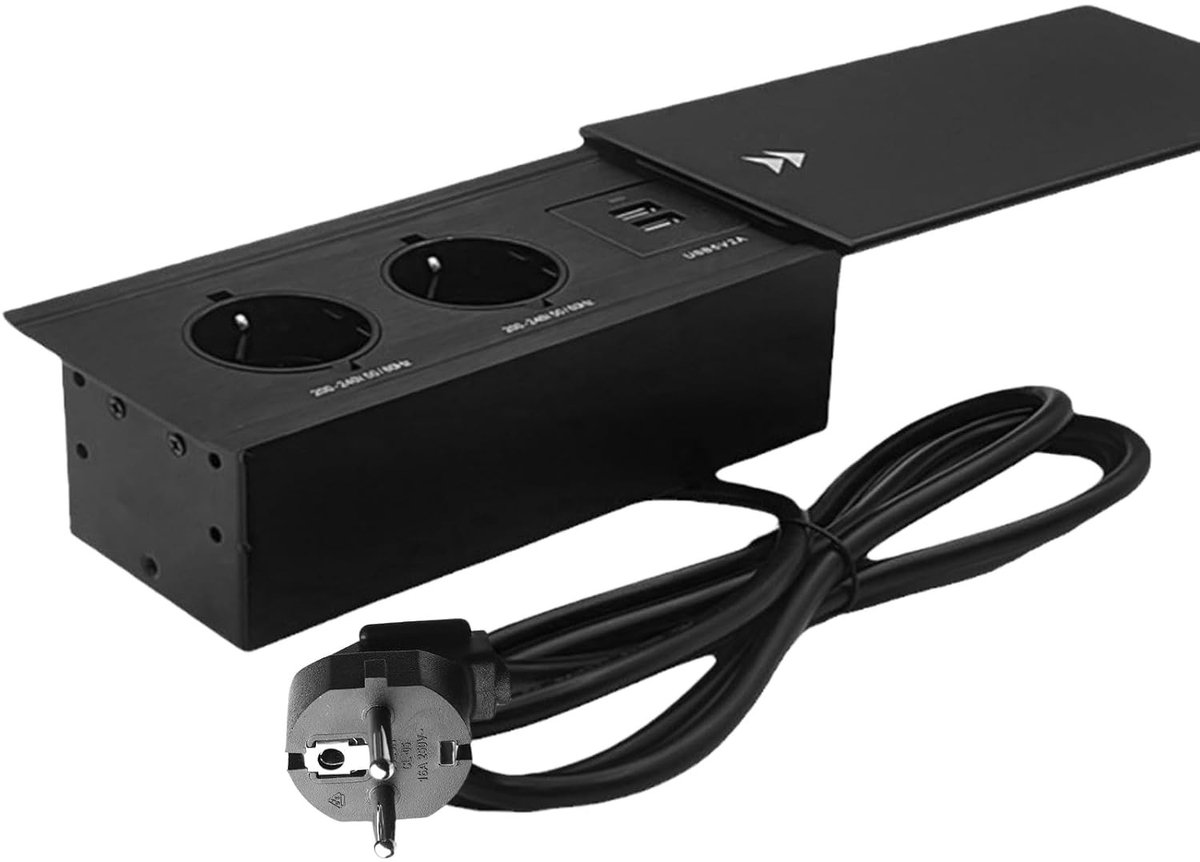 Tafelaansluiting met 2 Stopcontacten, USB en Type C - Inbouwsocket voor Keuken en Kantoor met 1.8 m Kabel