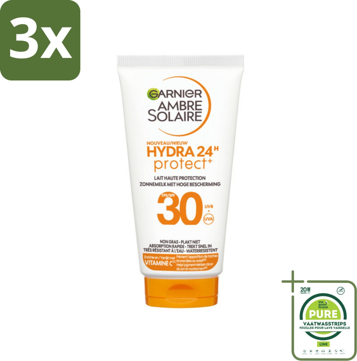 3 x Garnier - Ambre Solaire - Zonnebrandcrème - Hydra 24H Protect - SPF 30 - Reisformaat - 50 ml - Grootverpakking - Zonnebrandcrème - Zonnebescherming - SPF 30 - Hydratatie - Vitamine C