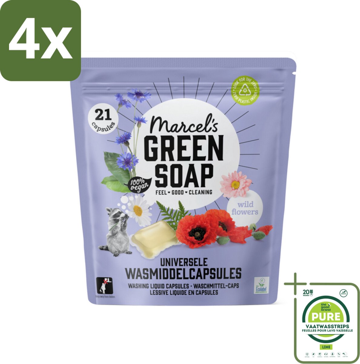 Marcel's Green Soap - Wascapsules - Wilde Bloemen - Gemak in één dosis - 21 Capsules - Voordeelverpakking - 4 stuks - Wascapsules - Biologische was