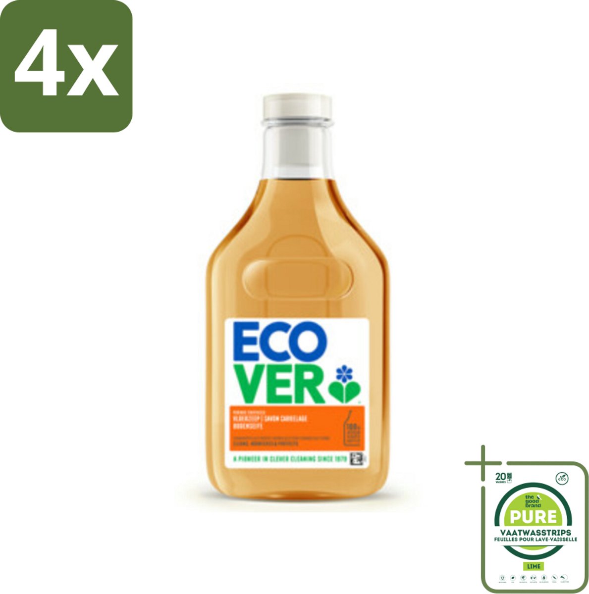 Ecover - Vloerzeep - Sinaasappel & Citroen - 1 liter - Voordeelverpakking - 4 stuks - Vloerzeep - Natuursteen