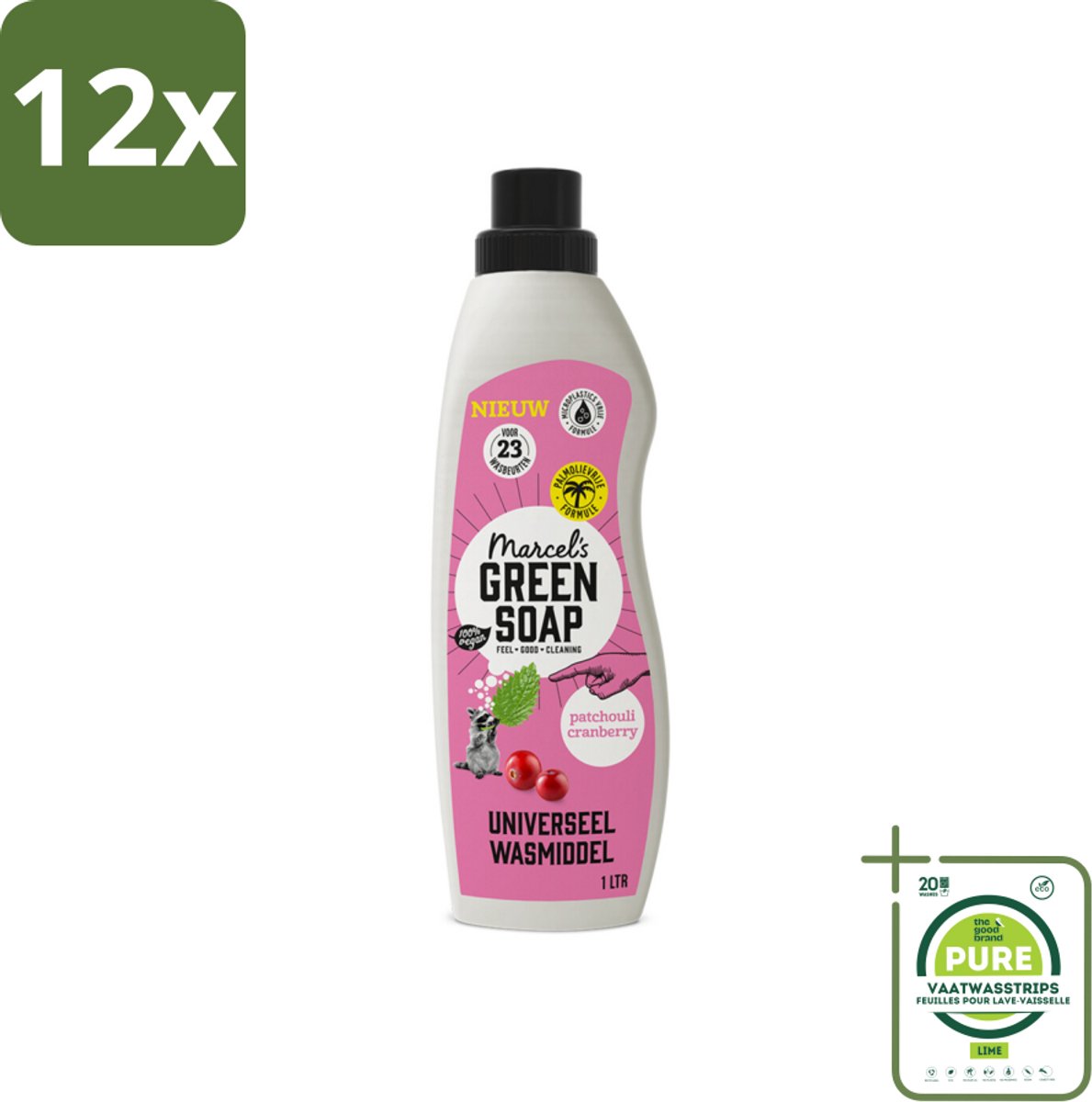 Marcel's Green Soap - Vloeibaar Wasmiddel - Patchouli & Cranberry - Effectief & natuurlijk - 23 Wasbeurten - 1 liter - Voordeelverpakking - 12 stuks - Wasmiddel - Biologisch wasmiddel