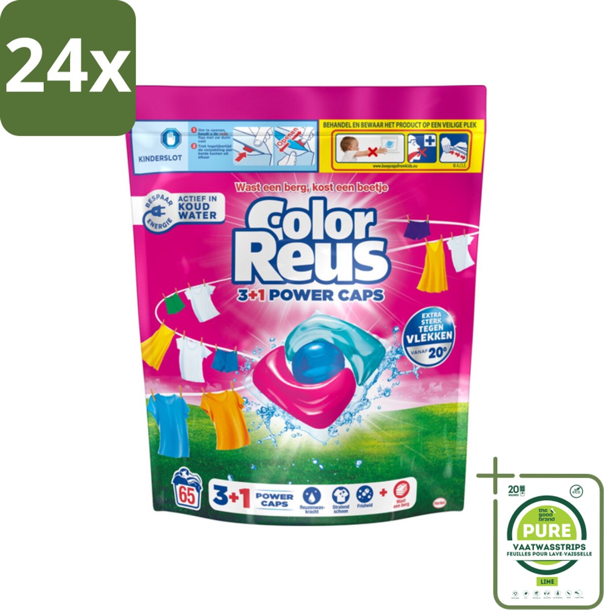 Color Reus - 3+1 Power Caps - Gekleurde Was - 65 Wasbeurten - Voordeelverpakking - 24 stuks - Wascapsules - Kleurwas
