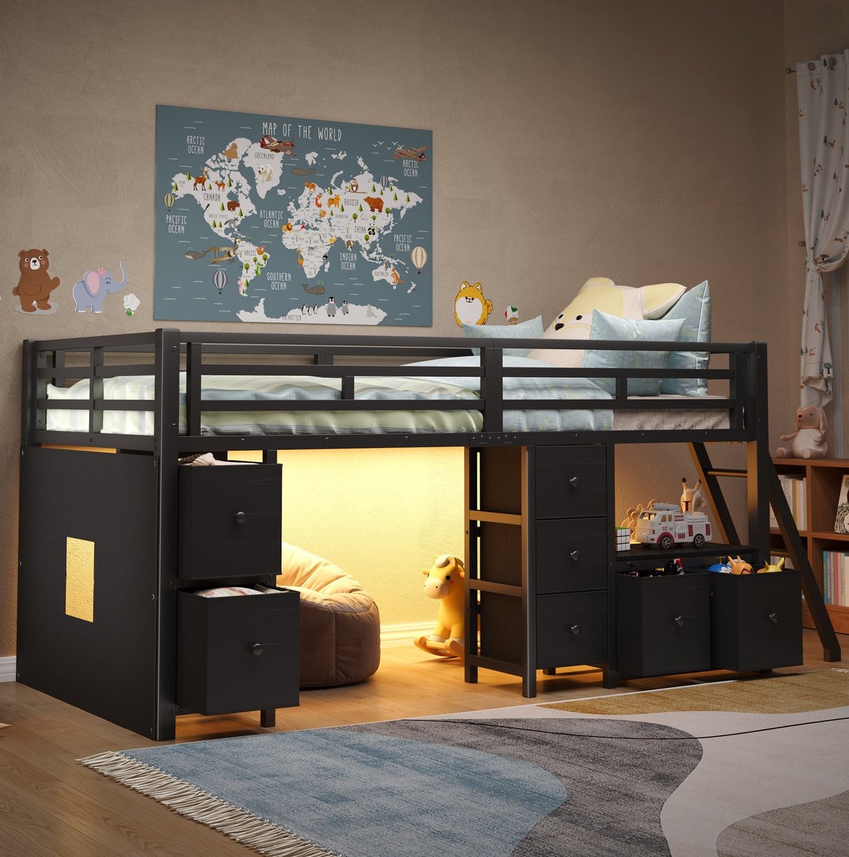 MIVRAY Halfhoogslaper 90x200 cm - Kinderbed Met 7 Laden En Ledverlichting - Met Opbergruimte En Uitvalbeveiliging - Metaal En MDF - Zwart Zonder Matras