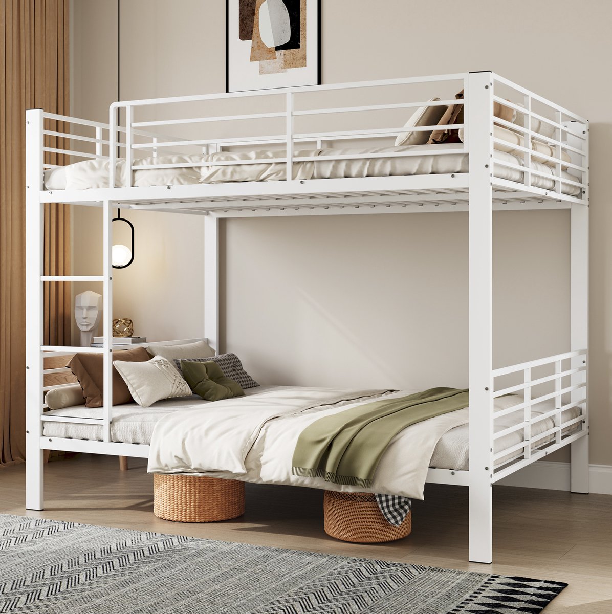 MIVRAY Stapelbed 140x200 Cm - Metalen Dubbelbed Met Uitvalbeveiliging En Ladder - Stil En Stevig - Voor Volwassenen En Jeugd - Wit