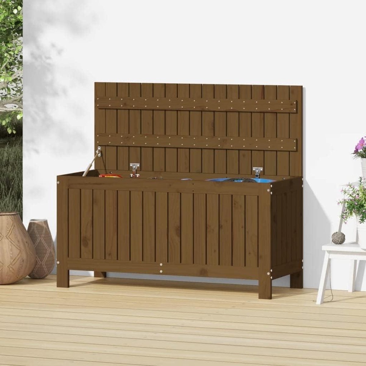 Tuinopbergdoos - Opbergkist Kussenbox - Tuinspullen Opbergen - Massief Grenenhout - 108 x 425 x 54 cm - Honingbruin