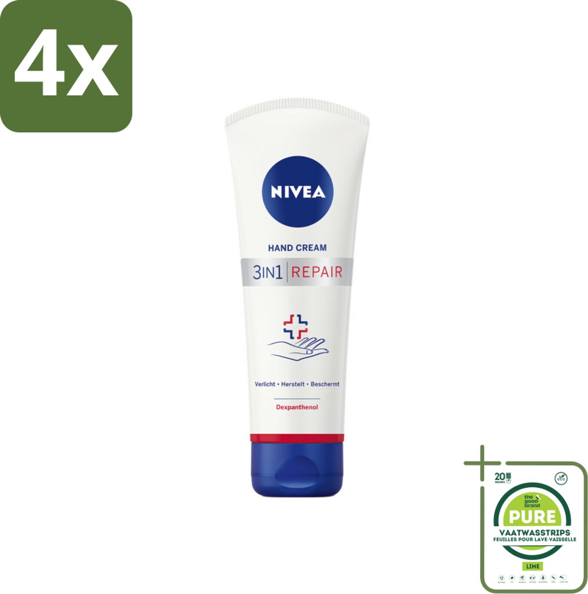NIVEA - Handcrème - 3-in-1 Herstel - Verlicht - Herstelt - Beschermt - 100 ml - Voordeelverpakking - 4 stuks - Handcreme - Droge handen
