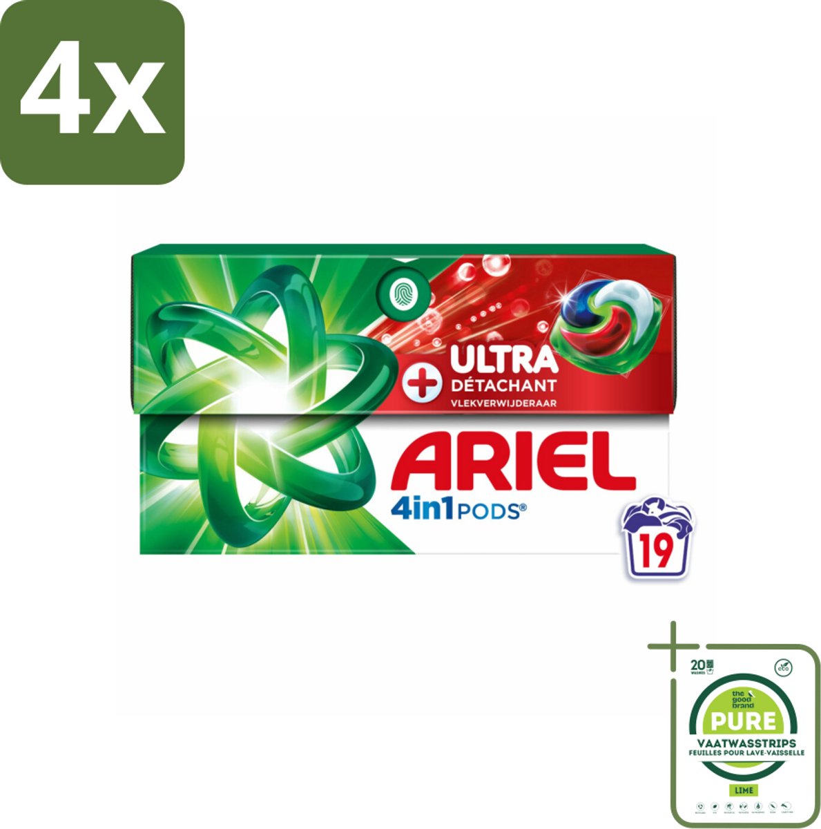 Ariel - 4in1 Wasmiddel Pods - Ultra Vlekverwijderaar - 19 Pods - Voordeelverpakking - 4 stuks - Wasmiddel pods - Vlekkenverwijderaar