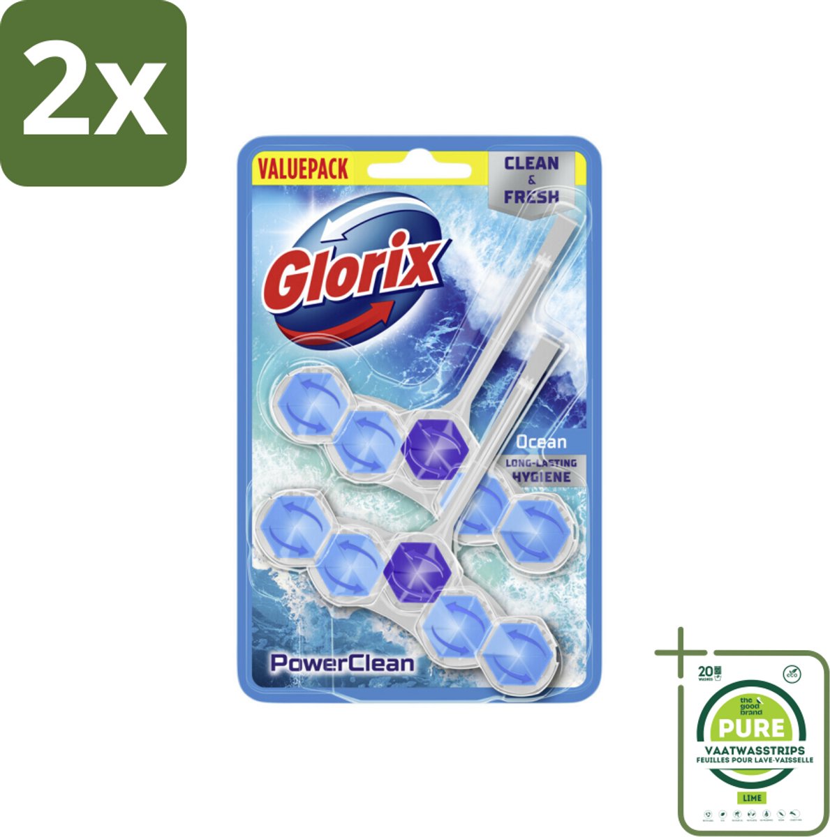 Glorix - Toiletblok - Power Clean Ocean - Frisse Geur - 2 blokken - Voordeelverpakking - 2 stuks - Toilet schoonmaak - Toiletblok