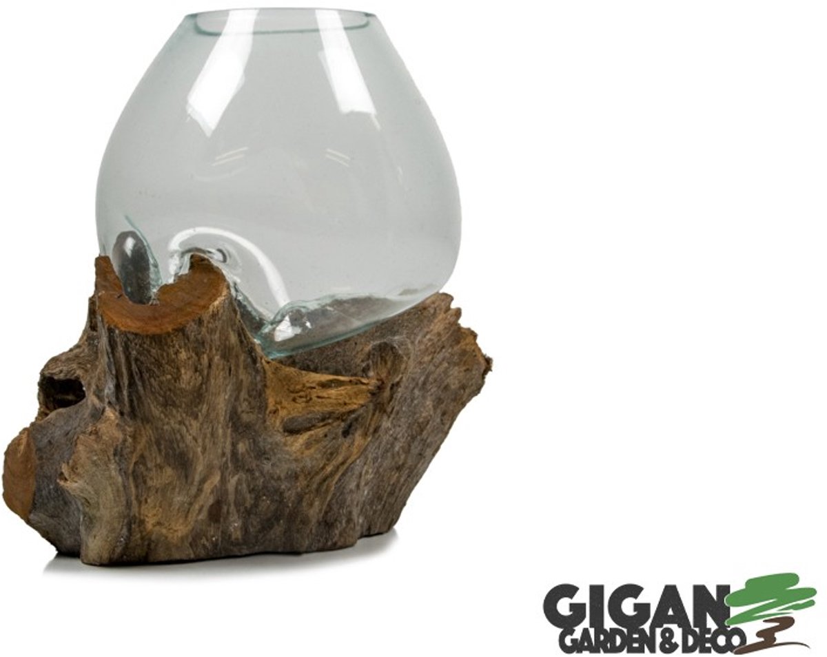 NatureLooks Glazen vaas op hout van gamal-wortel van 20cm Hout en glas