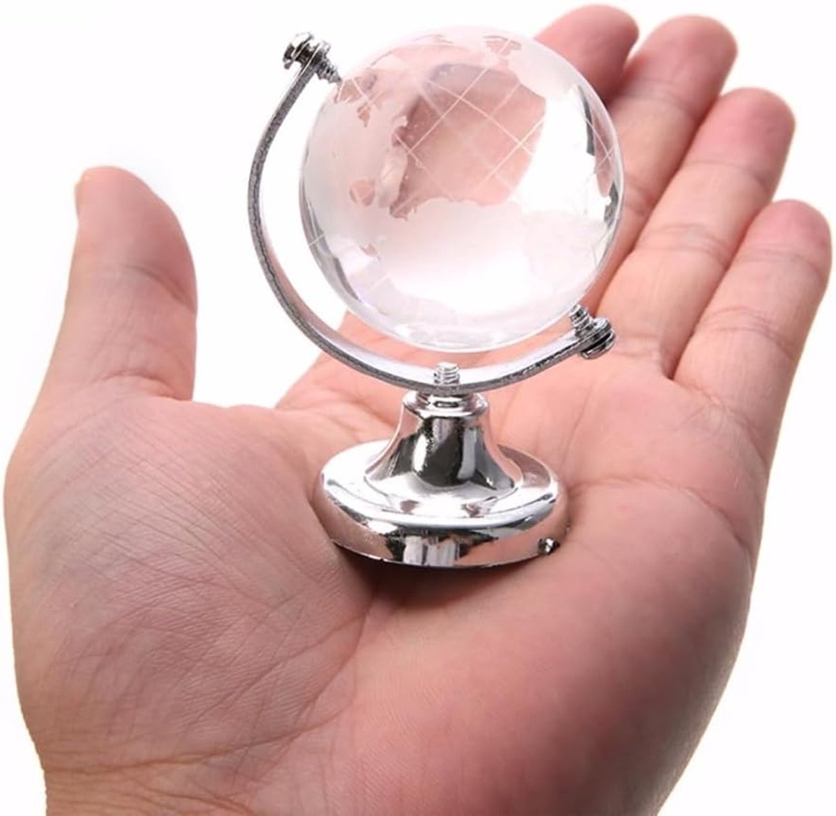 3D wereldbol kristallen bal, mini glazen bol helder bureau bol display wereldkaart miniatuur papiergewicht voor thuiskantoor decoratie cadeau (zilver)