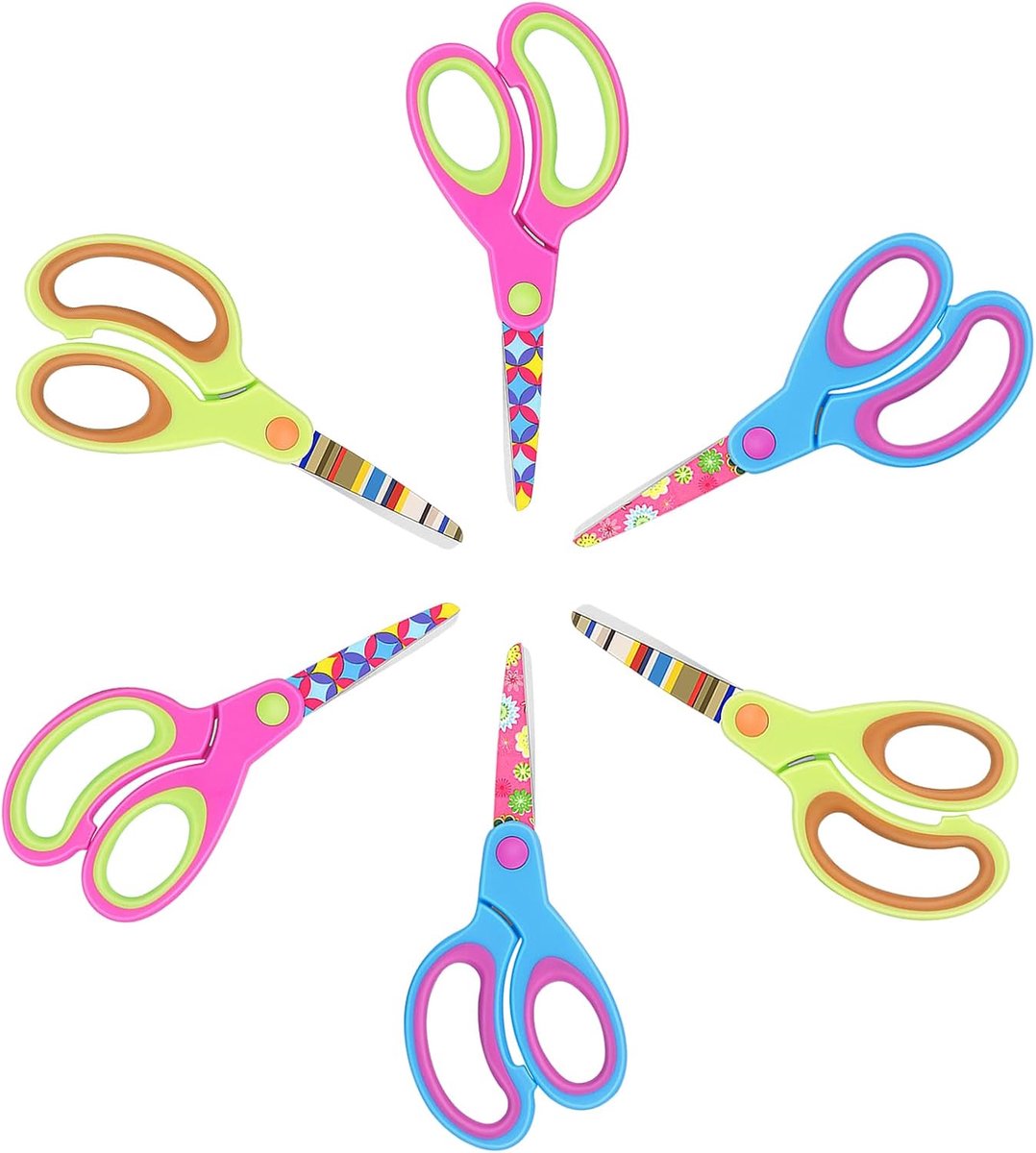 Schaar. Kinderschaar met patroon, stompe punt, knutselveilig kinderschaar, zachte grip, voor thuis en op school, voor kinderen vanaf 3 jaar, roze, blauw, fruitgroen 6 paar